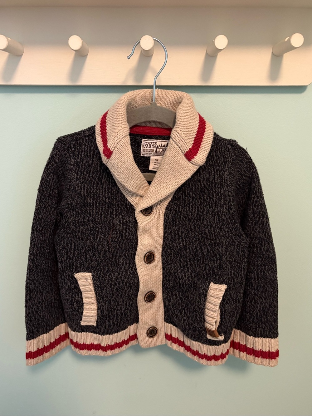 Roots Cabin Dark Charcoal Shawl-Collar Kids Cardigan with Cream Trim